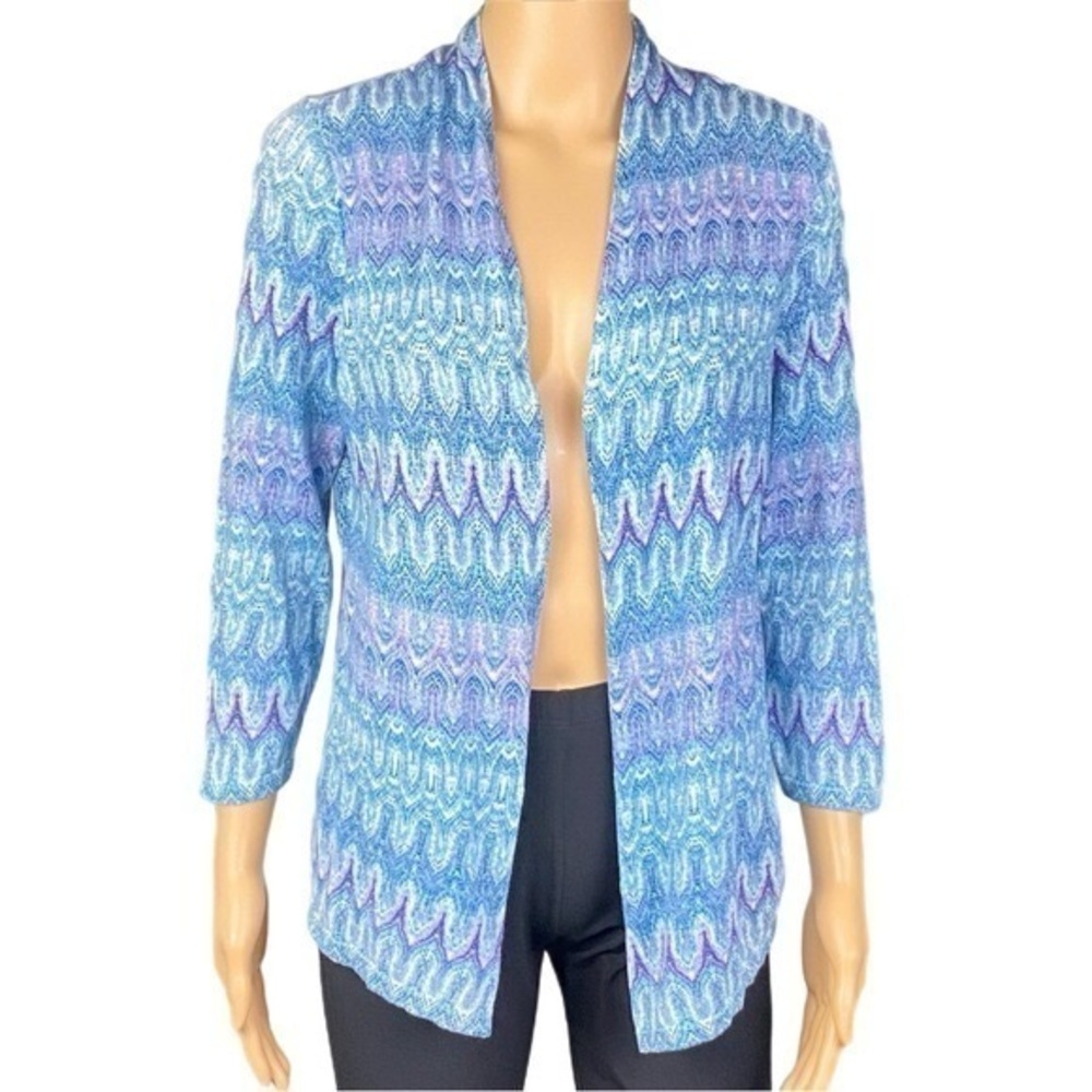 CHICO’S blue/purple/silver metallic open lightweight cardigan. Size “0”=Small/4.